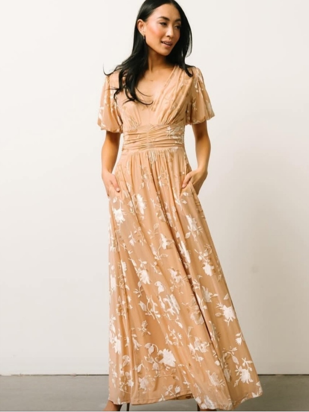Baltic Born Leslie Velvet Maxi Dress XL Tan Peach Floral Embossed Formal Gown